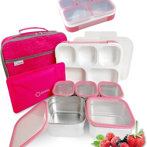 Stainless Steel Bento Lunch Box Set for Adults, Kids - Insulated Bag and Ice Pack - Leak-Proof Metal Compartment Meal Prep Food & Snack Containers for Work Travel School Daycare, 34 Oz Pink