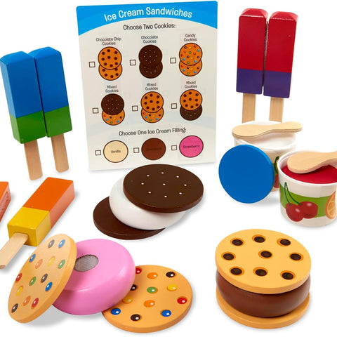 Wooden Frozen Treats Ice Cream Play Set (24 Pcs) - Play Food and Accessories Food Toys for Toddlers and Kids 3+