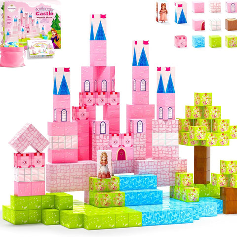 64 Pcs Magnetic Blocks-Princess Castle Collection World,Magnetic Building Blocks for 3+ Year Old Boys & Girls, Creative STEM Sensory Toys,Christmas Birthday Gifts for Kids Ages 3-8