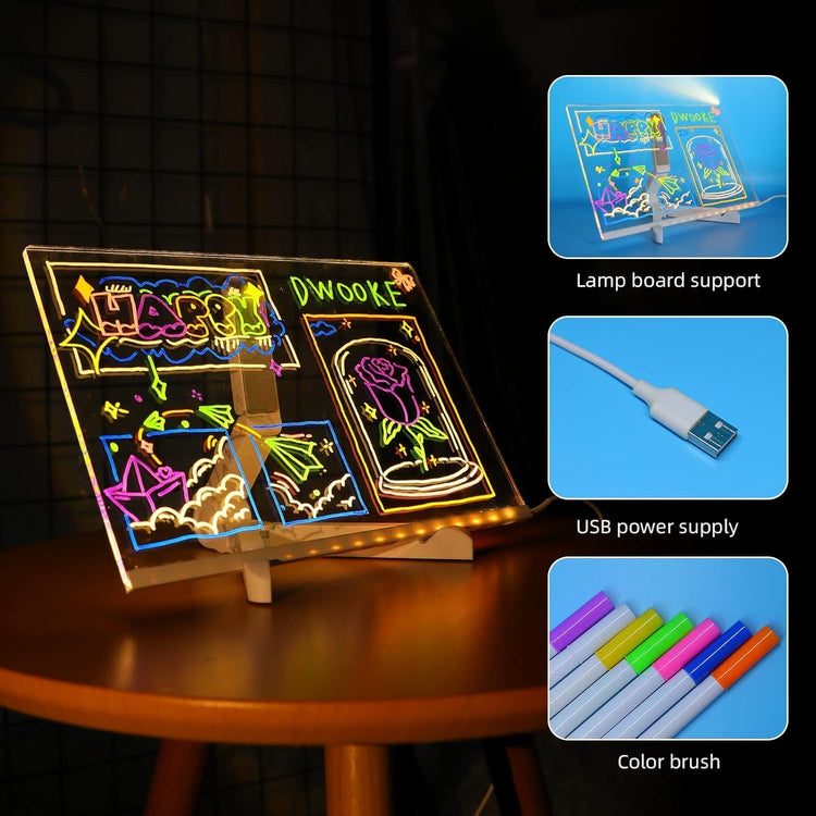 2025 LED Note Board with 7 Colors Pen,Magic Note Board Glowing Acrylic Message Marker Board with Light,Led Illuminated Drawing Board Light up Dry Erase Board with Stand for Office School Home 8 * 8In